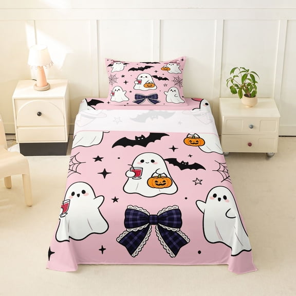 Homewish Cute Cartoon Ghost Twin Sheets for Girls, Halloween Bat Plaid Bow Pumpkin Bedding, 3pcs, 1 Flat Sheet, 1 Fitted Sheet and 1 Pillowcase
