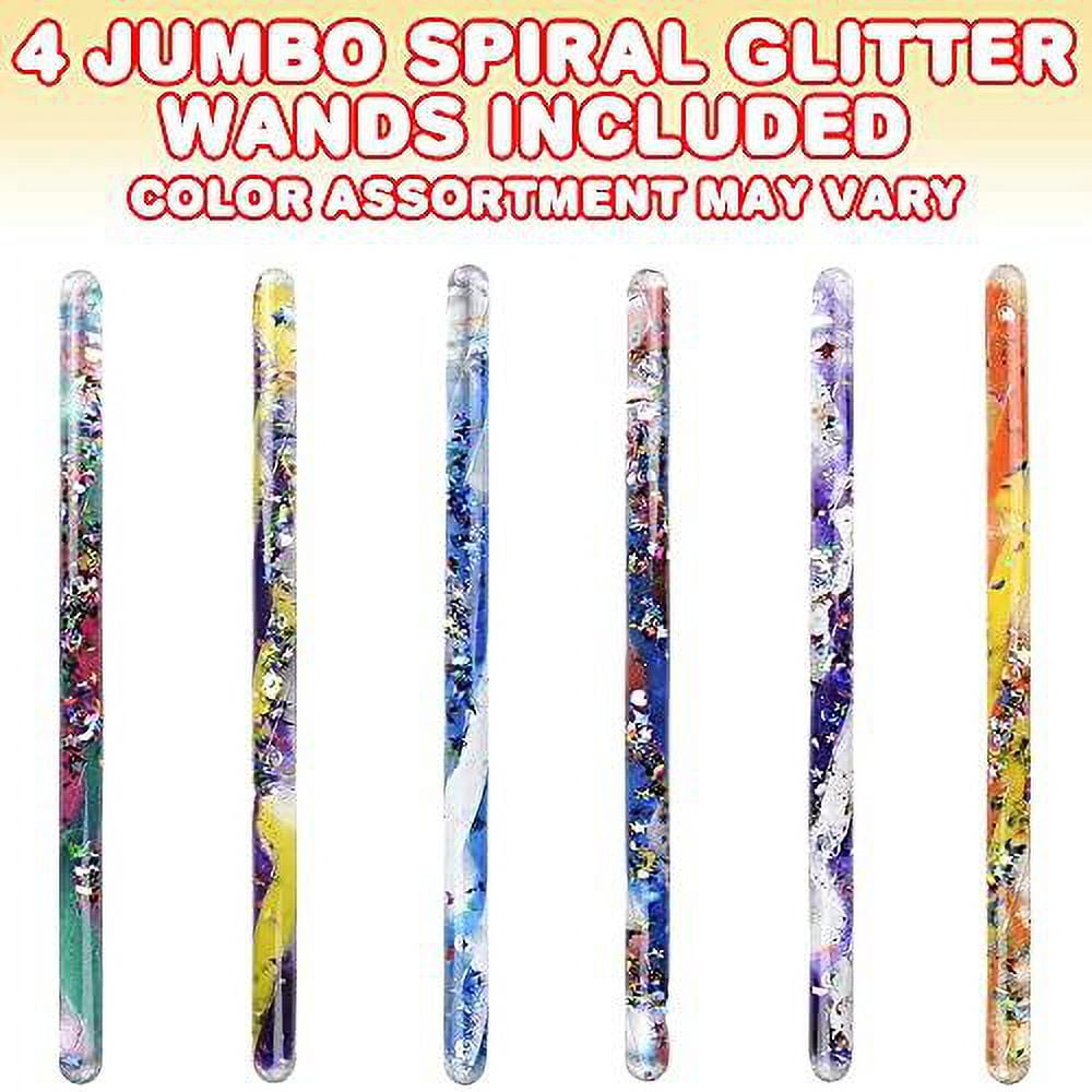Jumbo Spiral Glitter Wands, Set of 4, Toy Wands for Kids with Mesmerizing Confetti, Calming Sensory Toys for Children, Kids’ Fidget Toys in Assorted Designs, Princess Party Favors