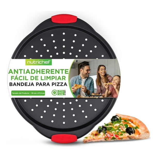 Charola para Pizza Antiadherente NutriChef, Bandeja Redonda de Acero al Carbono de 33cm con Agujeros para Corteza Crujiente, Mangos Ergonómicos, Segura para Horno y Lavavajillas