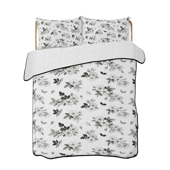 Quilts Queen Size Bedding Set, White Flowers Reversible Summer Quilt 3 Pieces, Spring Floral Farmhouse Art Lightweight Bedspreads Coverlets with 2 Pillow Shams for All Seasons