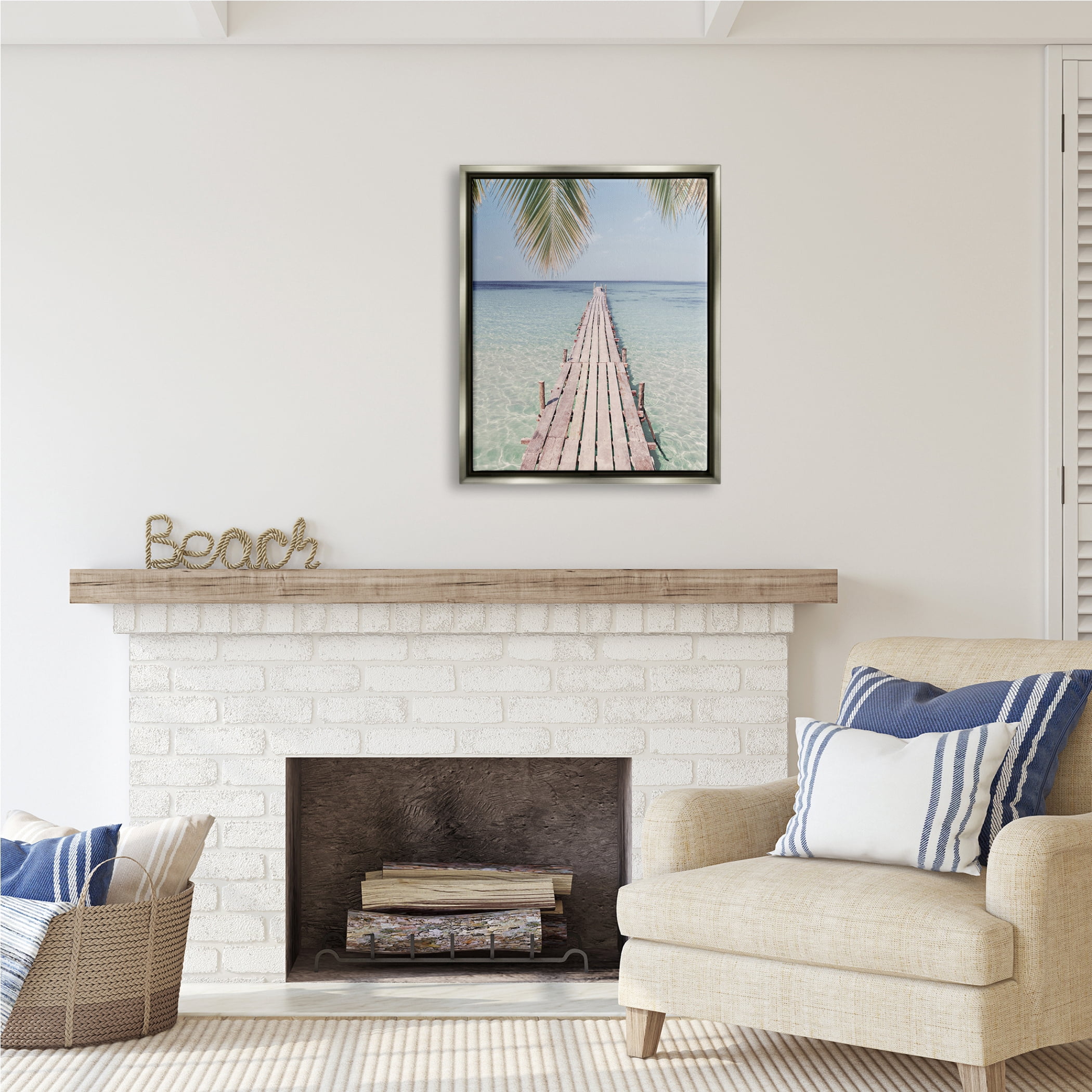 Stupell Industries Tropical Dock on Beach Nature Photography Gray Floater Framed Art Print Wall Art, 25 x 31