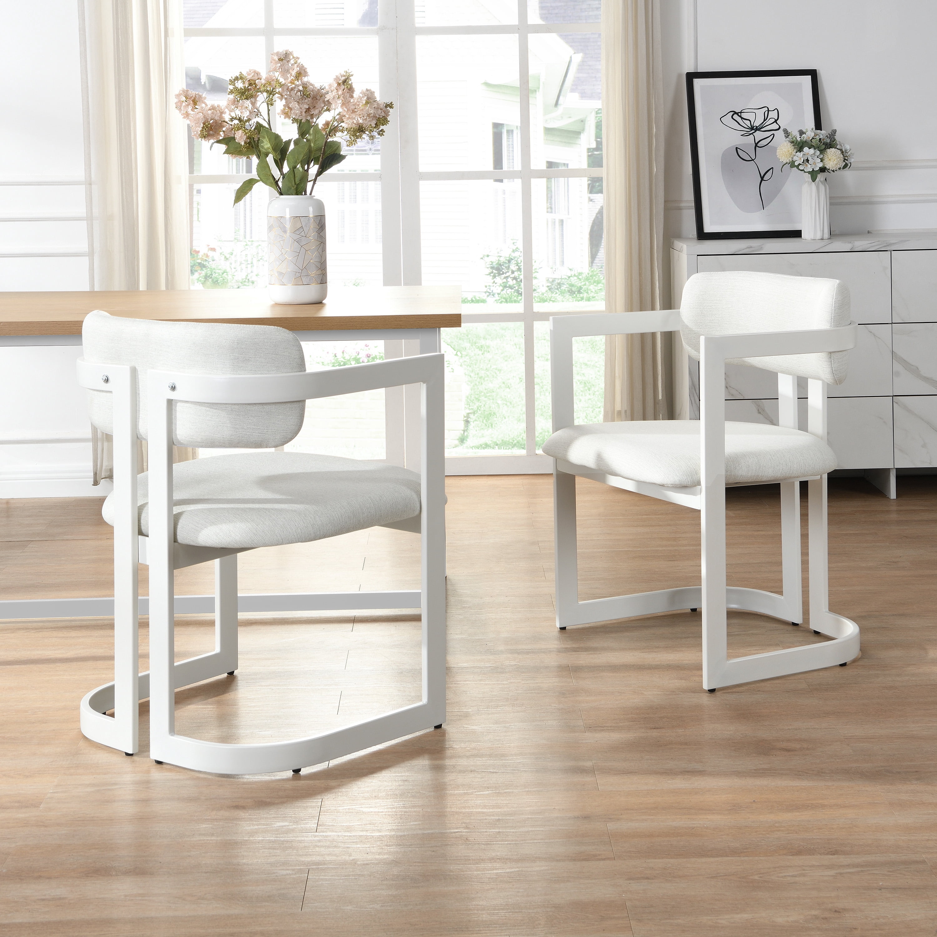 Dining Chairs Set of 2, Upholstered Armchairs, Fabric Dining Chairs with Beige Seat and White Metal Frame for Kitchen Dining Room Small Space, 265 lbs Capacity