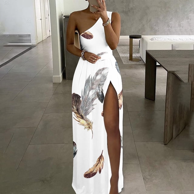 Lenago Robe de Maternité Grande Taille Mode Décontractée d'Été Sans Manches Imprimée à une Épaule Fendue Robe de Plage d'Été en Liquidation