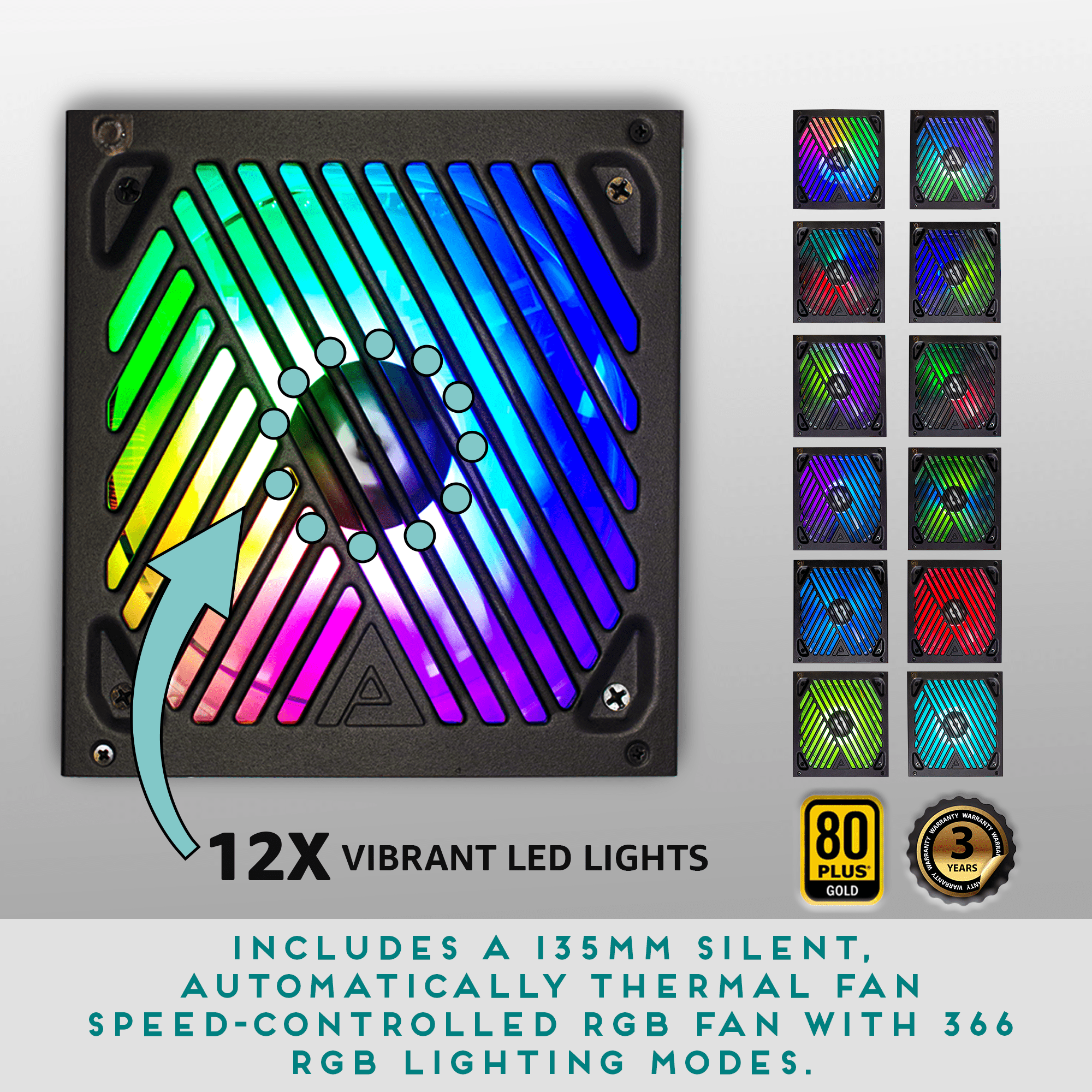 Apevia ATX-PM850W PCIe 5.0 ATX 3.0 Ready Premier 850W 80+ Gold Certified, Active PFC ATX Semi-Modular Gaming Power Supply, 366 RGB Light Modes