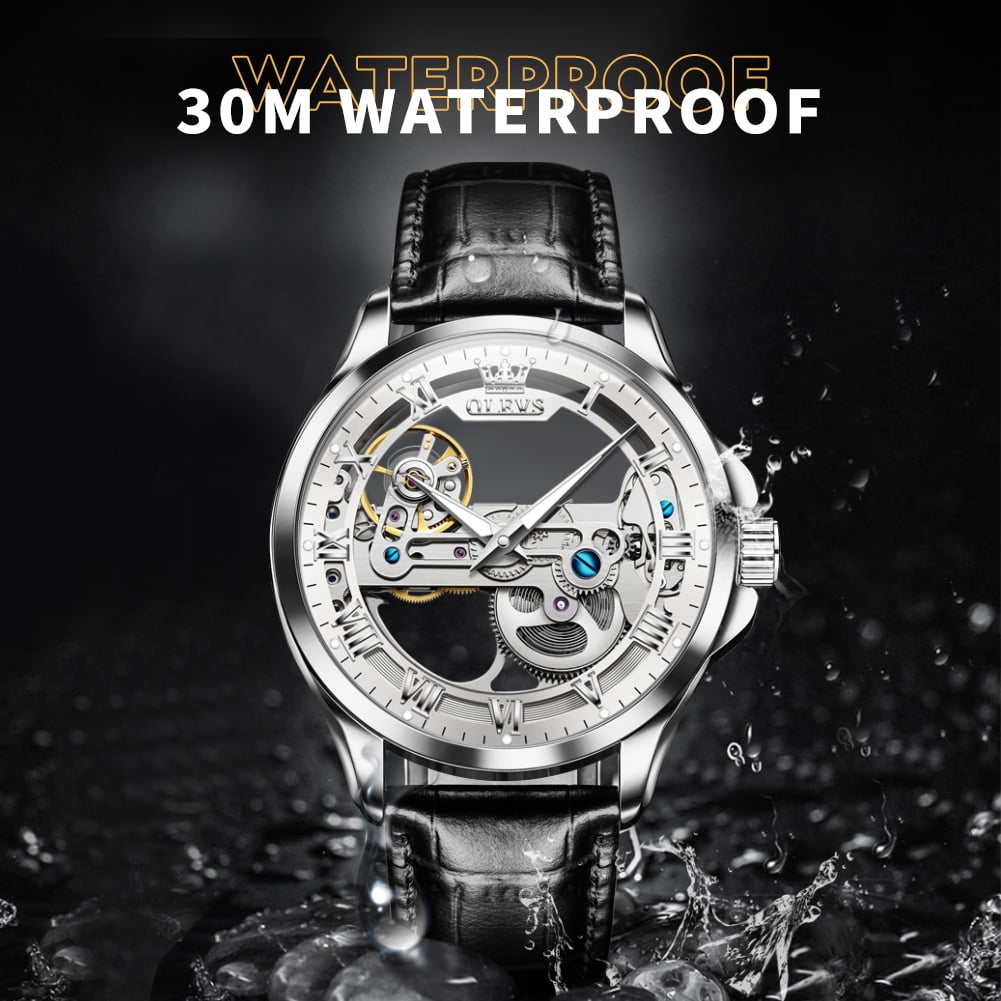 OLEVS Automatic Watches for Men Skeleton Black Leather Band Large Face Self Winding Mechanical Mens Dress Watches Waterproof Easy to Read Luminous Business Casual Mens Wrist Watches Reloj Para Hombre
