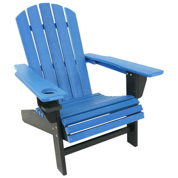 Sunnydaze Plastic All-Weather Heavy-Duty Outdoor Adirondack Patio Chair with Drink Holder, Blue and Black