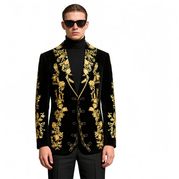 Luxury Black Velvet Blazer for Men with Gold Floral Embroidery - Slim Fit Formal Party Wedding Prom Suit Jacket