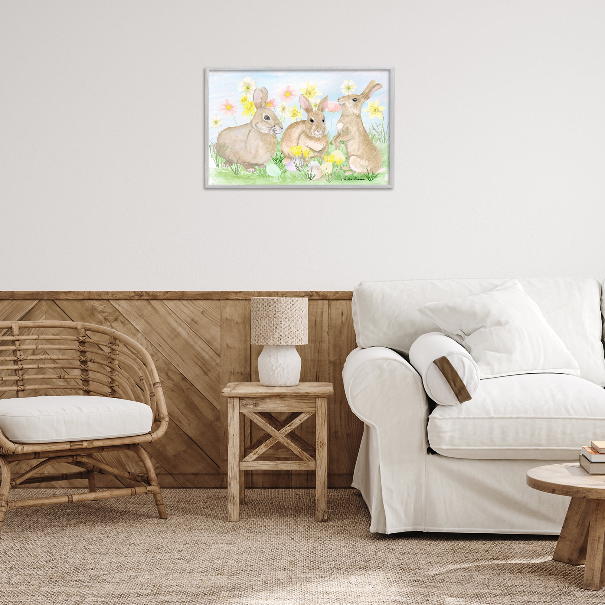Three Bunnies In The Grass Gray Framed Giclee Art, design by Lee Ann Sanders