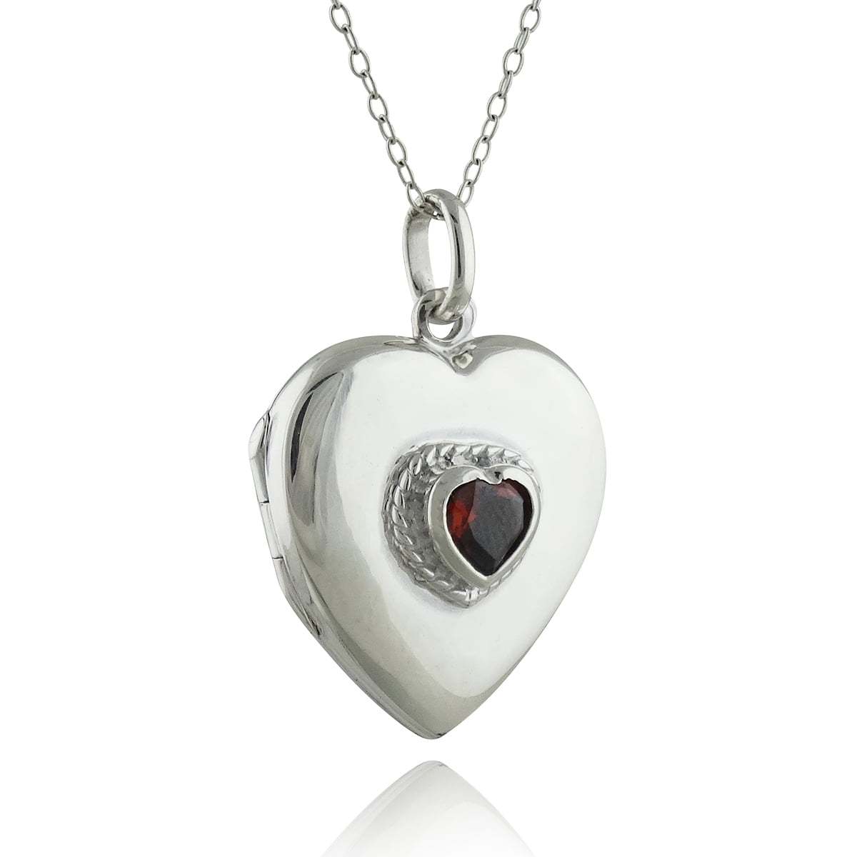 Sterling Silver Heart Locket Necklace with Red CZ Stone, 18