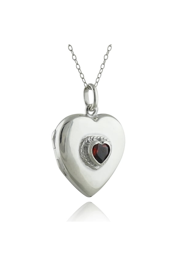 Sterling Silver Heart Locket Necklace with Garnet Red CZ Stone, 18" Chain