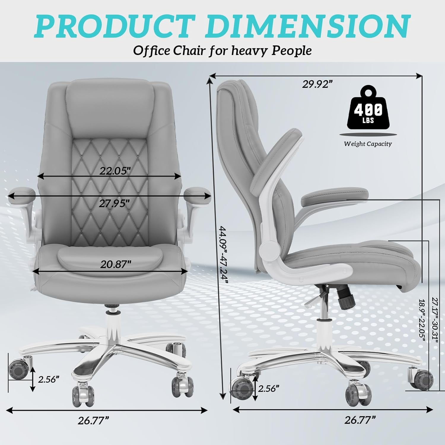 Genpo Big and Tall Office Chair 400 lbs, High Back PU Leather Executive Office Chair with Lumbar Support and Rubber Wheels, Flip-up Armrests Computer Desk Chairs, Gray