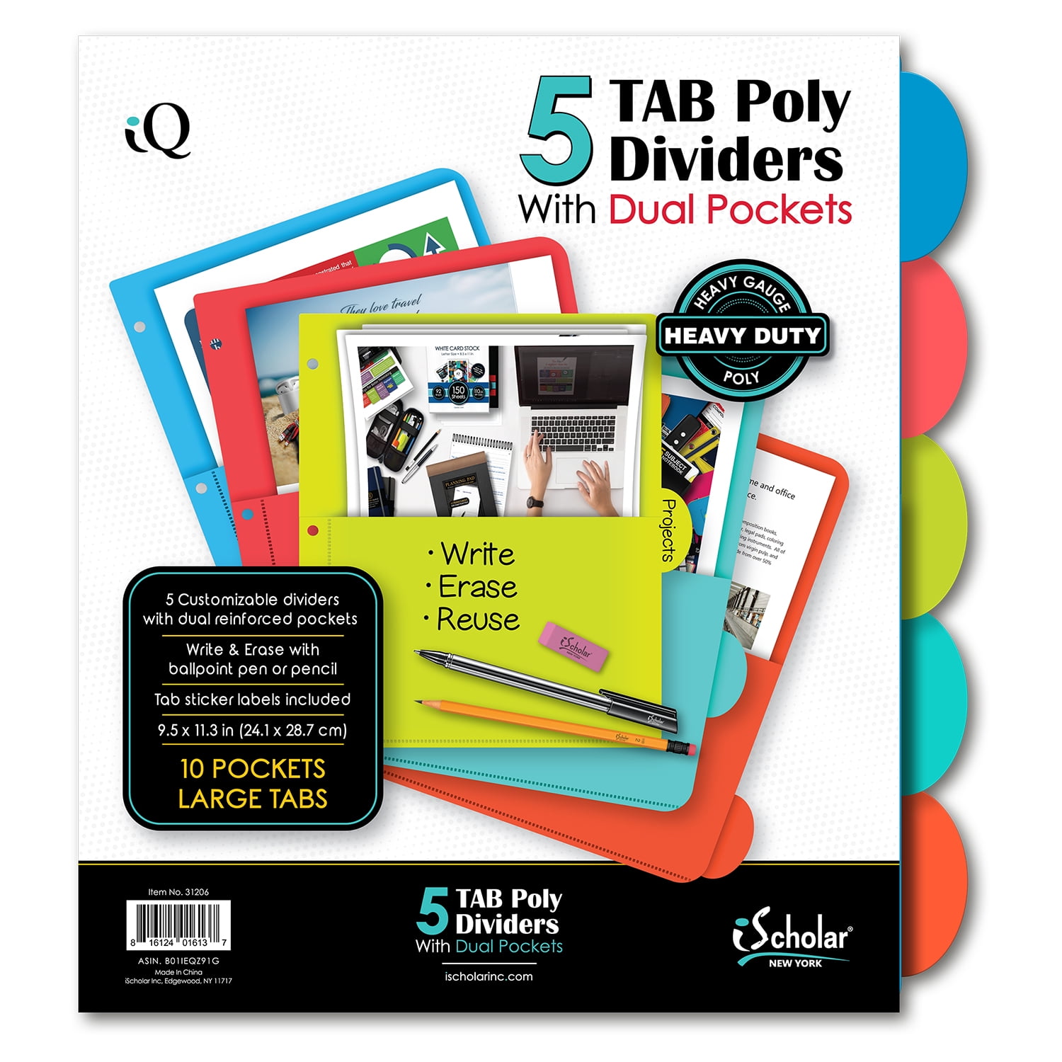 iScholar 5 Tab Poly Index Dividers with Pockets, 9.5' x 11.3', Assorted Colors (31206)