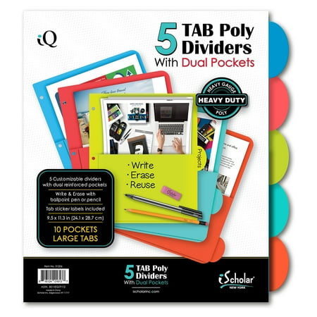 iScholar 5 Tab Poly Index Dividers (5 pack) with Pockets  9.5  x 11.3   Assorted Colors (31206)