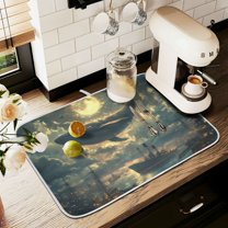 Yayeee Drying Mat for Kitchen Counter Dishes Microfiber Coffee Decorative Pad, Whale and Moon