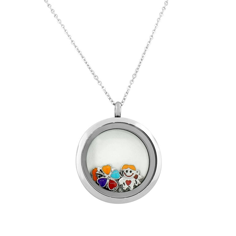 Stainless Steel Silver-Tone Floating Charms Kids Glass Locket Pendant  Necklace 