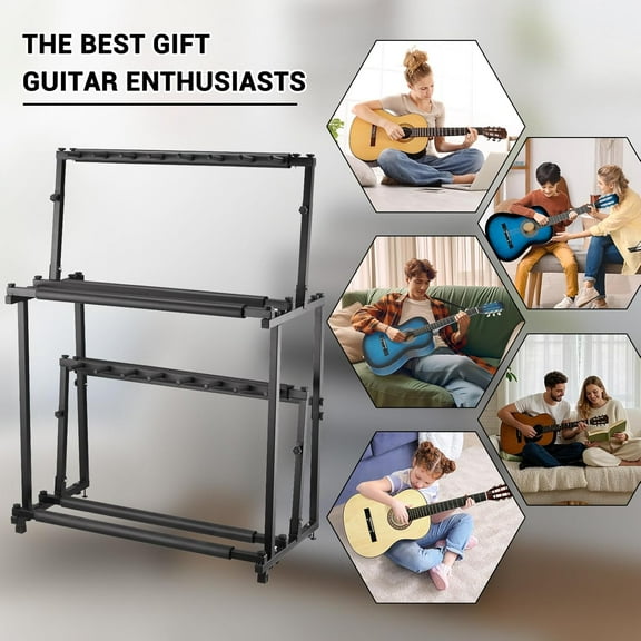 Historyli Multi Guitar Stand Folding 14 Standing Floor,Multiple Guitars Display Rack,Adjustable Height Double Tier Ukulele Stand With Soft Sponge,Black