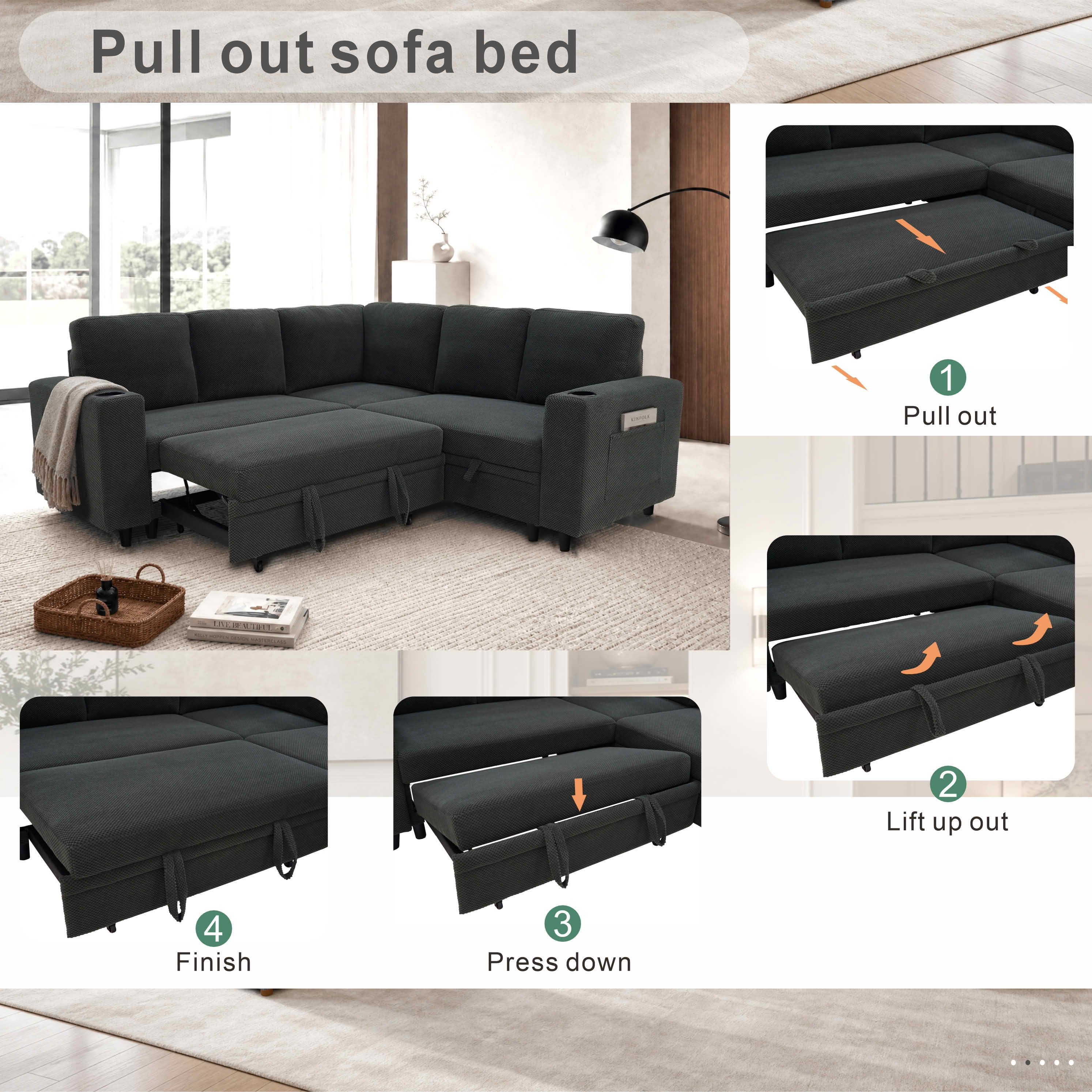 MAYEERTY 76.5 Inch L‑Shape Convertible Sectional Sofa Bed, Nubby Fabric Corner Couch with Pull‑Out Sleeper, Storage, Cup Holders and Side Pockets