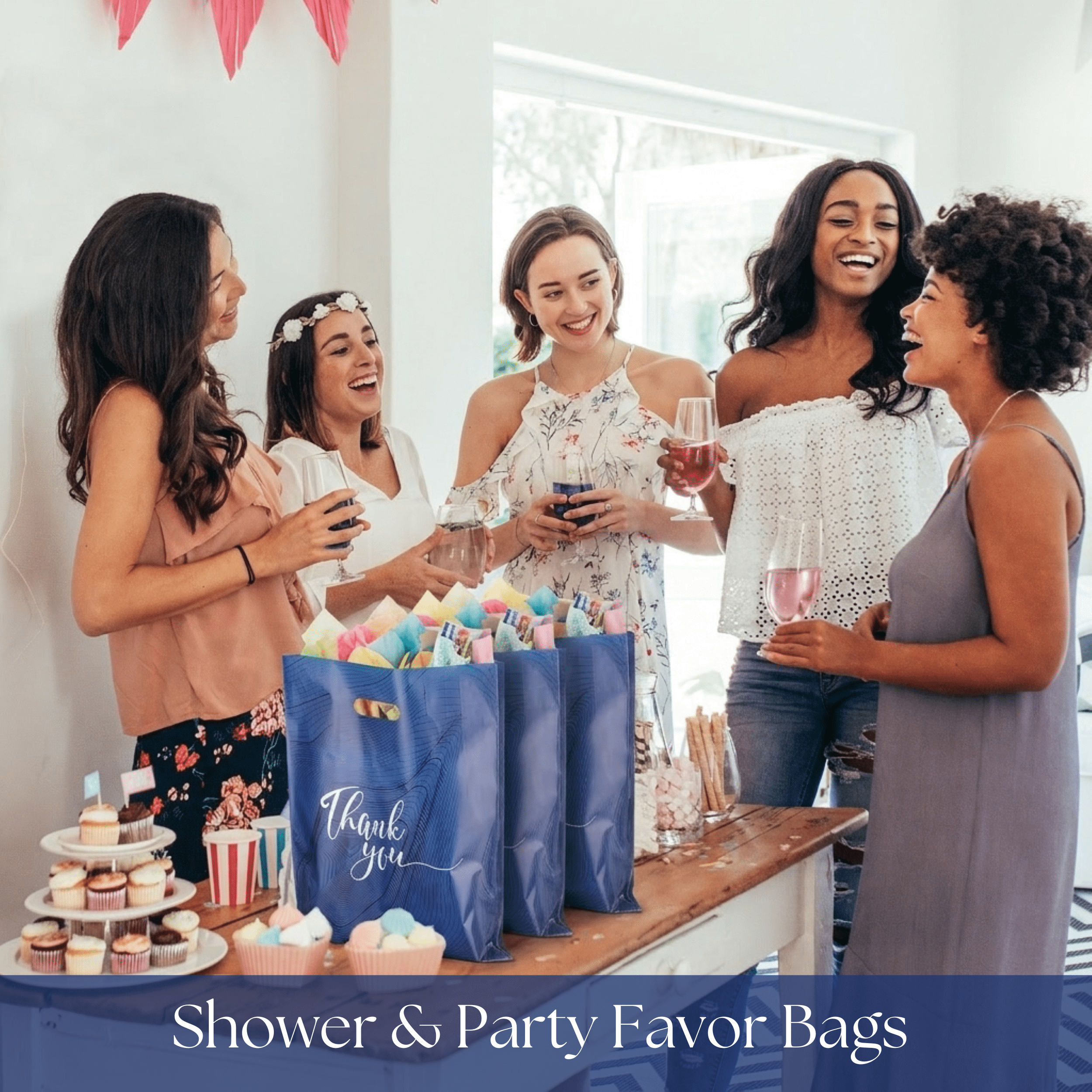 Rainbows & Lilies 100 Blue Thank You Plastic Bags with Handles, 12x15 Bulk Shopping Bags for Small Business, Retail, Merchandise, Gifts, Party Favors