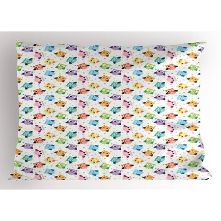 Owls Pillow Sham Cute Confused Funny Angry Sleeping Colorful Characters Dots Humorous Doodle ...