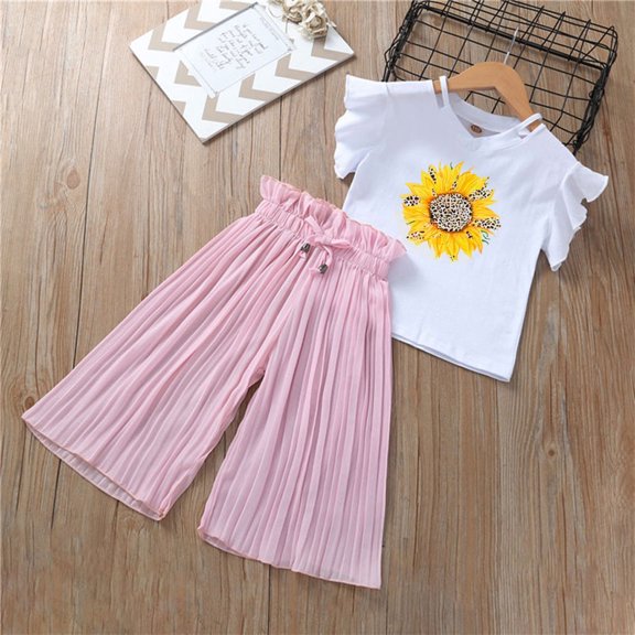 Little Girls Outfits Set Toddler Kids Clothing Sets Summer Sunflower T Shirt Tops Chiffon Ruched Loose Pants Outfits Children Clothes Pink 6-7T