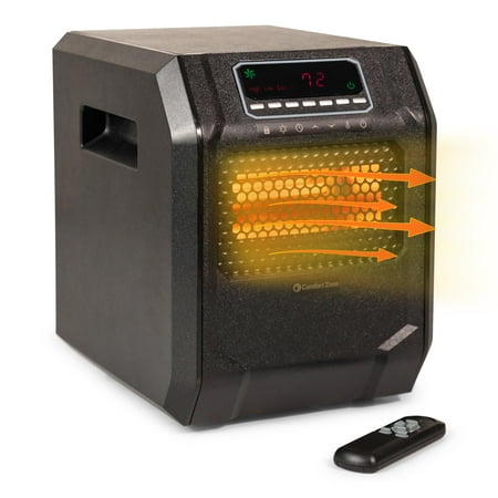 Comfort Zone 750/1,500-Watt Digital Quartz Infrared Cabinet Space Heater with Remote Control, 12-Hour Timer, Digital Display, Overheat Protection, and Safety Tip-Over Switch, Black