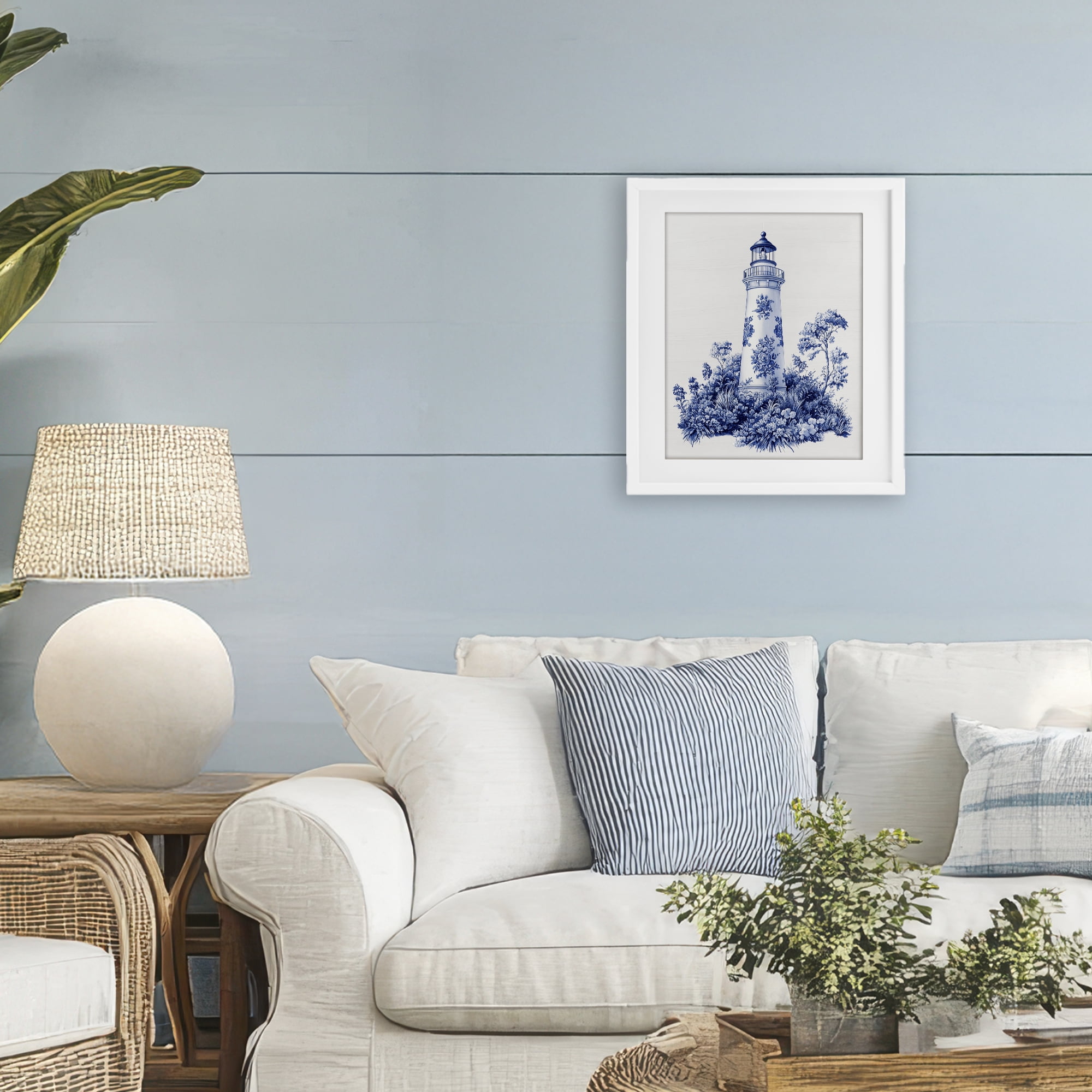 Toile Patterned Lighthouse White Framed Print Under Glass, design by Lettered and Lined