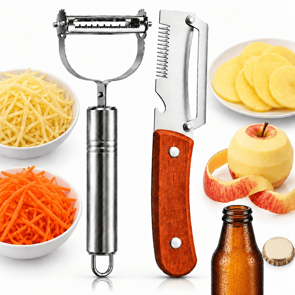 Stainless Steel Vegetable Peeler with Wooden Handle – 3-in-1 Serrated Julienne Peeler & Slicer for Potato Carrot Apple Zucchini, Ergonomic Non-Slip Grip, Rustproof & Dishwasher Safe (Silver & Wood)