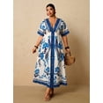 thumbnail image 3 of Blue And White Floral V-Neck Short Sleeve Wrap Maxi Dress For Women, 3 of 8
