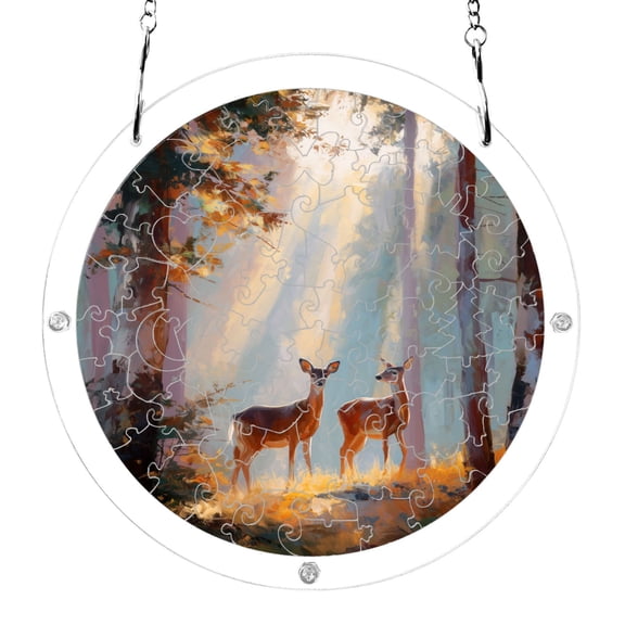 Two Deer in Forest Acrylic Jigsaw Puzzles 83 Pieces Suncatcher for Window Hanging 7.5 Inch Holiday Home Decor