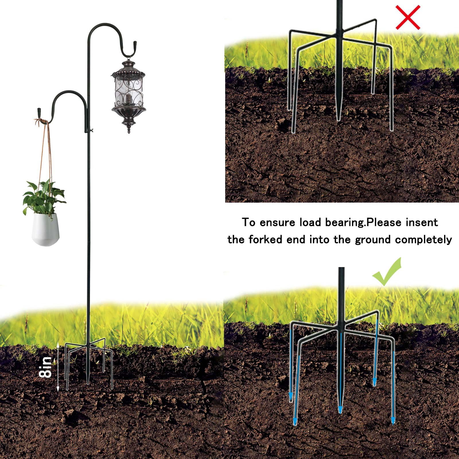 78 Inch Double Shepherds Hooks For Outdoor Bird Feeder Hanging Plants Solar Light Adjustable 78/62/46/30 3/4 Width Garden Shepards Hook