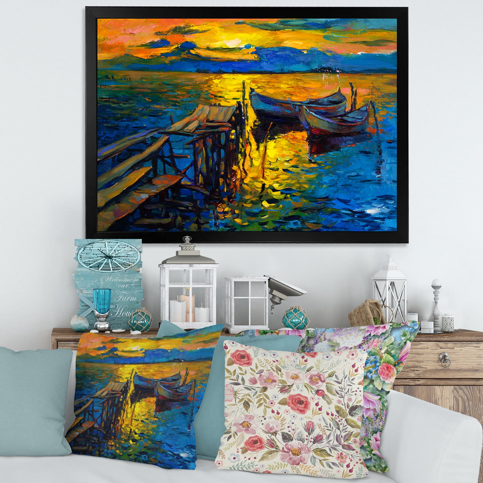 Boat At The Lake During Evening Glow II 40 in x 30 in Framed Painting Canvas Art Print, by Designart
