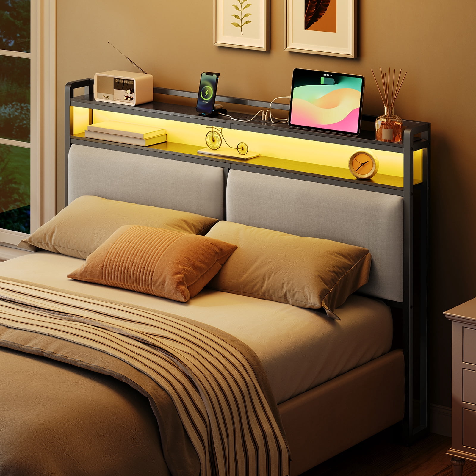 HOOBRO Queen Size Upholstered Headboard, Storage Headboard with Charging Station and Adjustable LED Lights, 2 Standard Outlets and 2 USB Ports, Queen Headboard Only  BB54UDBH01