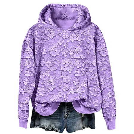 GTEYOIJN Fall Sweaters for Women Womens Floral Lace Hoodie Elegant Pullover Sweatshirt Soft Fleece Oversized Fall Winter Athleisure Streetwear