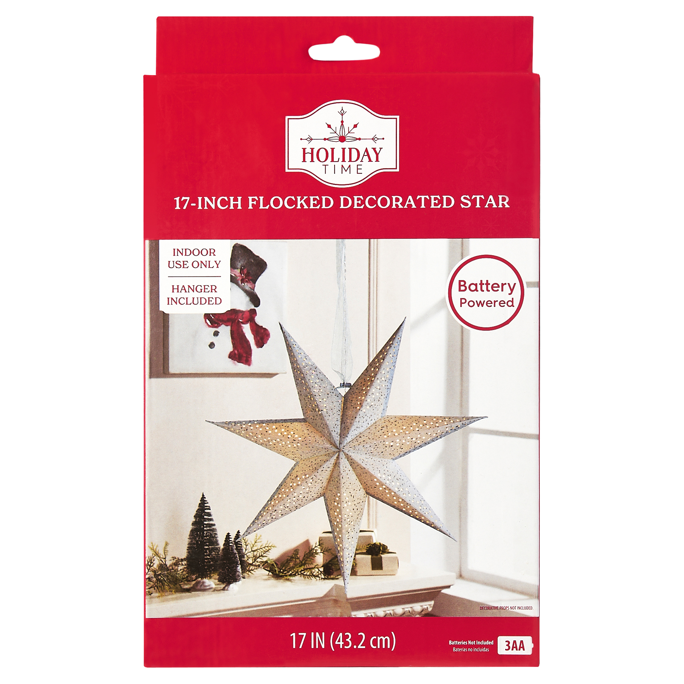 Light-Up Blue Battery-Operated Flocked Star Christmas Hanging Decoration, 17", by Holiday Time