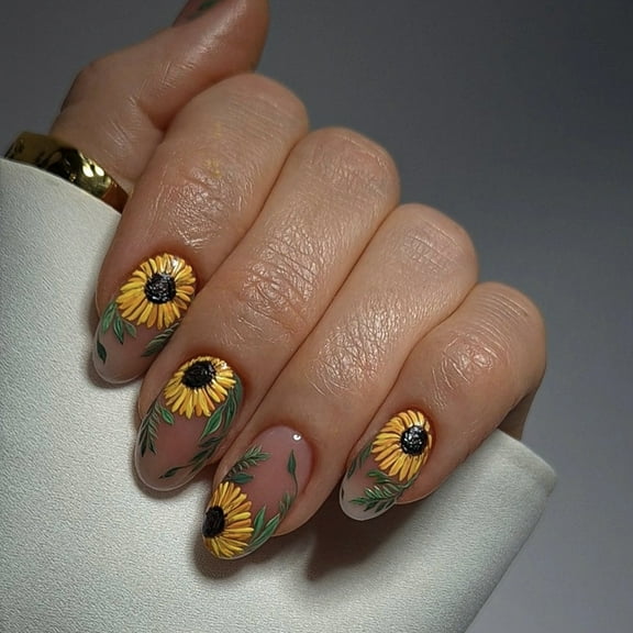 Sunflower Press-On Nails, 24 Pcs Removable Fake Nails with Fresh Yellow Sunflower Design, Ins Style Full Cover DIY Manicure Kit for Women Girls