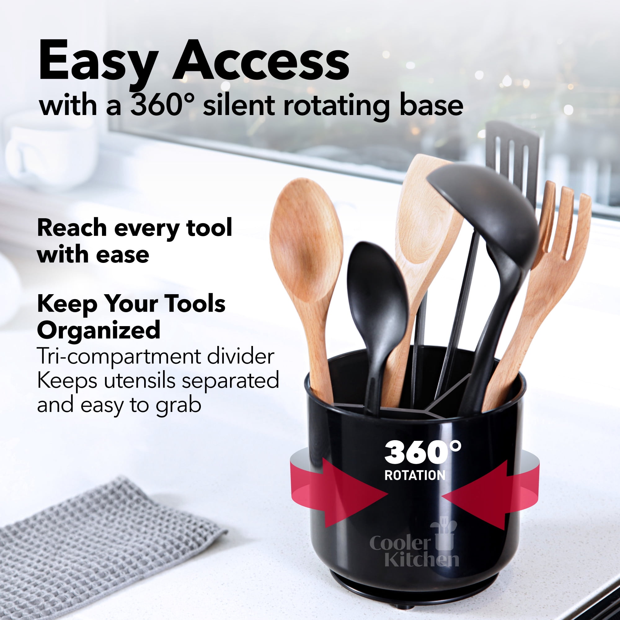 Cooler Kitchen Plastic Rotating Utensil Holder Crock, Extra Large Blue, Weighted No-Tip Base, Removable Divider, Dishwasher Safe