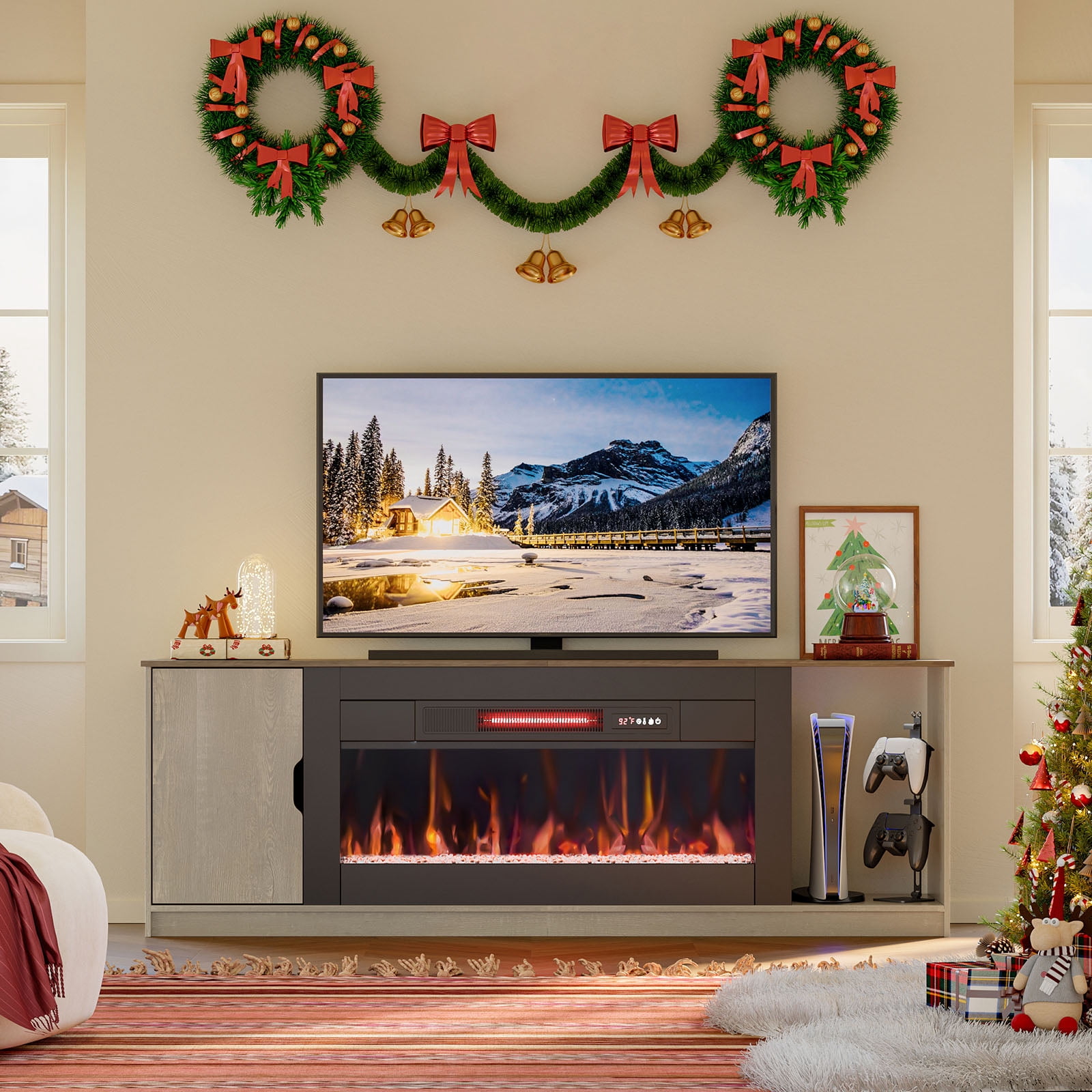 Bestier Entertainment Center with Fireplace, 70" Modern TV Stand with Storage for 80-Inch TVs, Features Timer & Remote, Ideal for PS5 Gaming, in Gray Wood