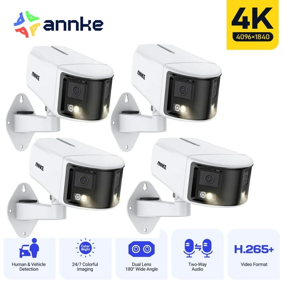 ANNKE 4PCS 4K 8MP PoE Security Camera System, Dual Lens Outdoor IP Camera, 180 Degree Viewing Angle, Human Vehicle Detection, Color Night Vision, Two Way Talk, Up to 256GB microSD Card
