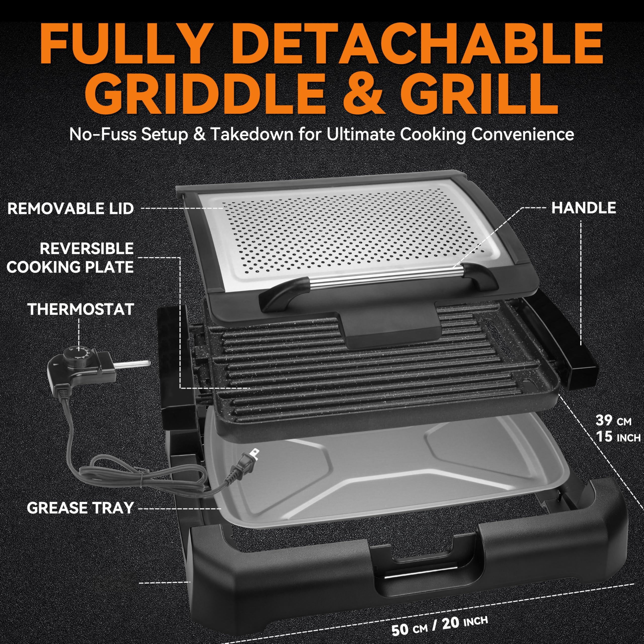 Electric Griddle & Grill, Stainless Steel, 2-in-1 Reversible Plate