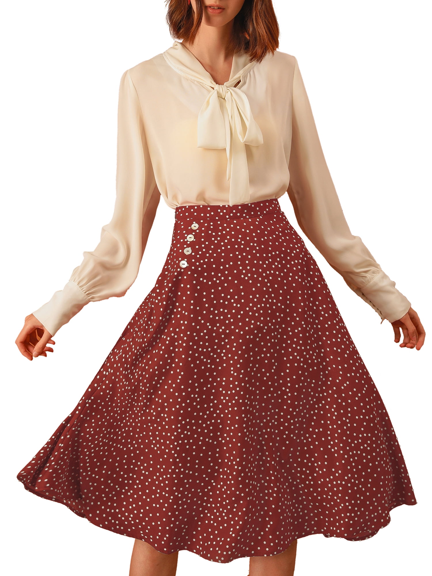 DARING DIVA Retro Polka Dots Elastic Waist Vintage A-Line Midi Skirt XL Red