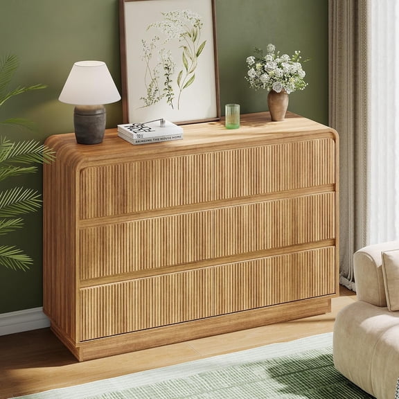 Modern 6 Drawer Tall Dresser for Bedroom, Cuoote Fluted Handleless Wooden Chest of Drawers, 48" Wide TV Stand Storage Organizer for Living Room