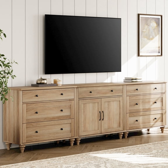 WAMPAT Farmhouse TV Stand for 100 Inch TVs, Fits 75/80/85/90 Inch TVs with Glass Doors, Wooden Entertainment Center with Storage Cabinets, TV Console Table for Living Room Bedroom Office, Oak