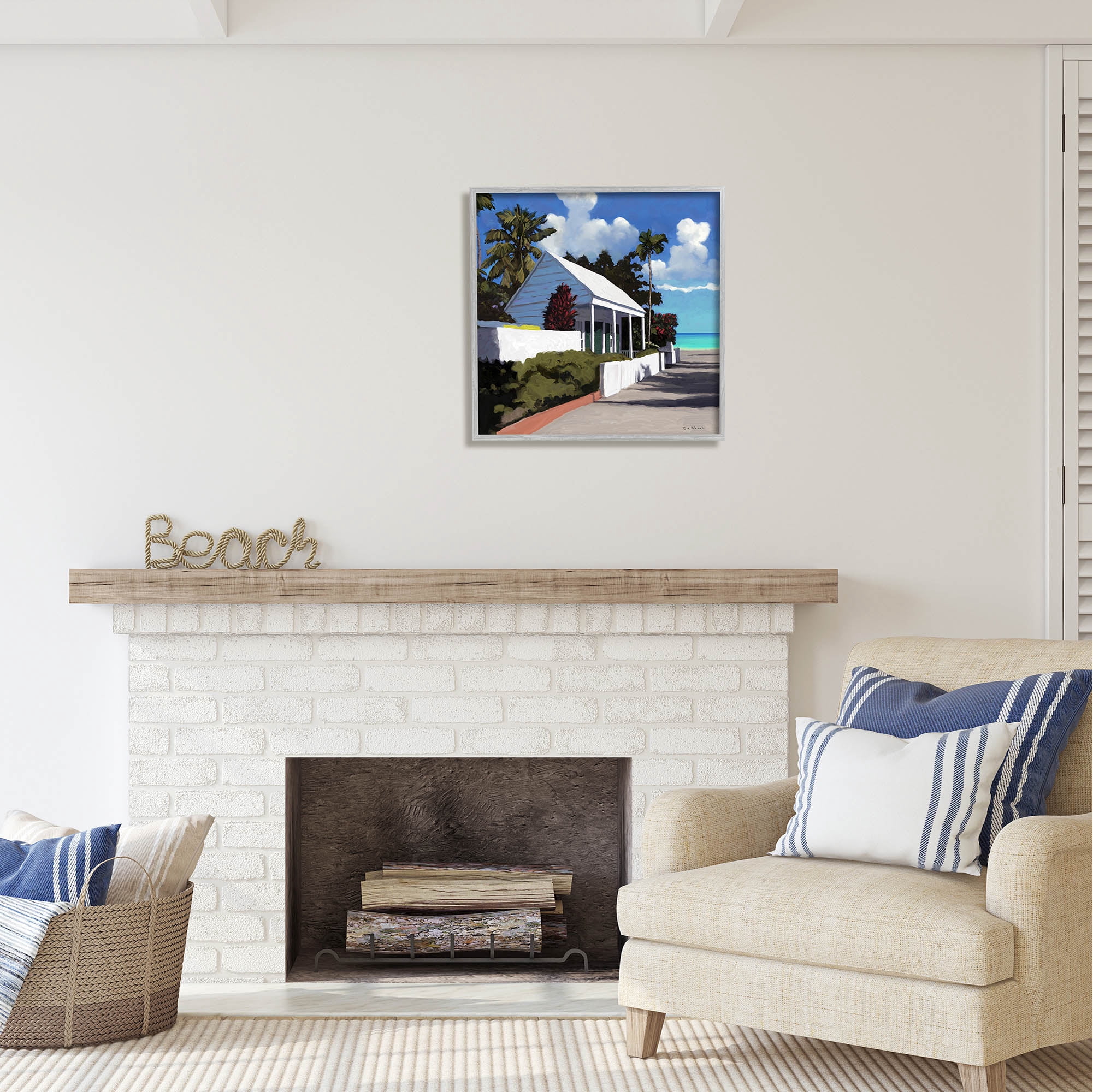 Stupell Industries Waterfront House Road Beach Coast Coastal Painting Gray Framed Art Print Wall Art