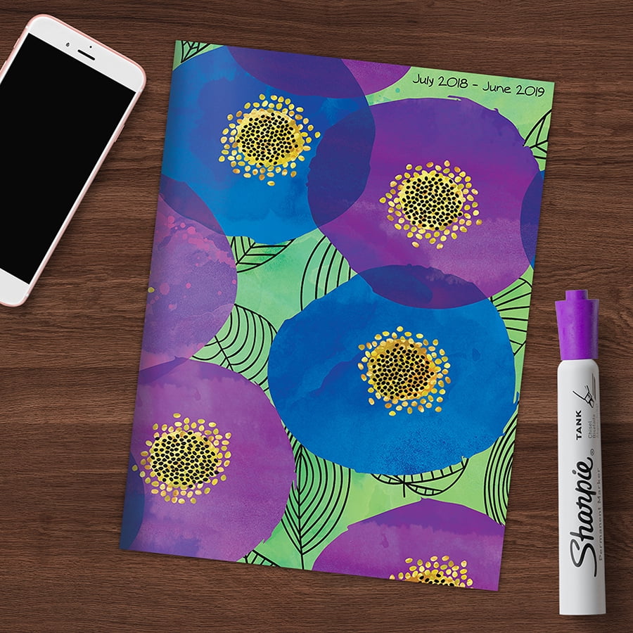 7.5 x 10.25 green TF Publishing 19-4243A July 2018 June 2019 Poppies Monthly Planner Blue & Purple