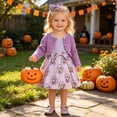 thumbnail image 2 of Y-Sunset Girls 3 Piece Halloween Outfit Set, Purple Ruffle Long Sleeve Cardigan Pumpkin Print Sleeveless Dress Matching Bow Headbandy(Purple/3-6 Months), 2 of 9