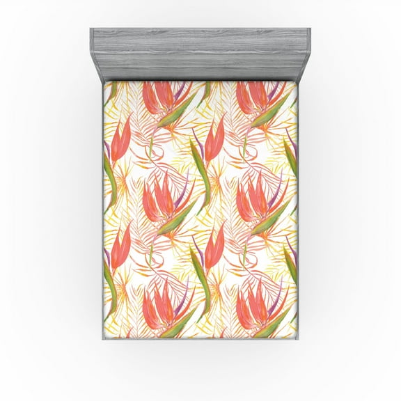 Ambesonne Blooming Floral Fitted Sheet, Flowers Aquarelle, California King, Dark Coral Fern Green