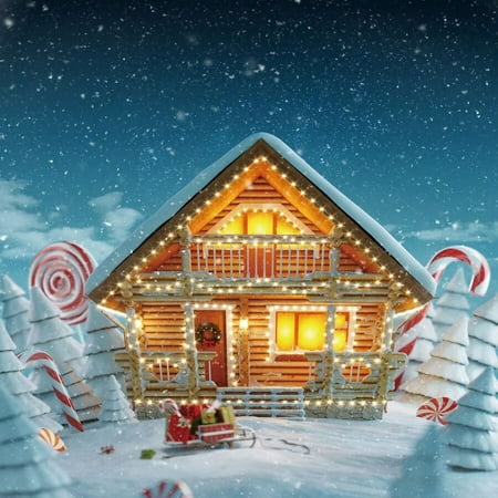 Image of Christmas Candy Canes House Backdrop Winter Night Snowflake Pine Trees Cane Sugar Kids Portrait Photography Background