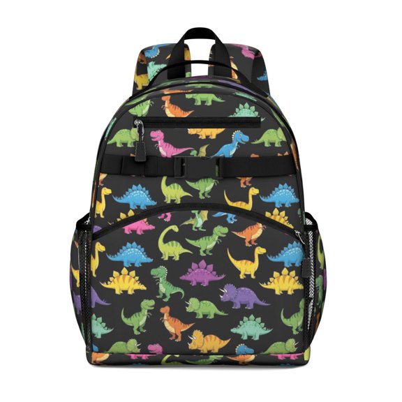 Black Colorful Dinosaur Pattern Cute School Backpack Bag for School with Padded Back and Adjustable Shoulder Straps 15.25"x11.5"x5.25"