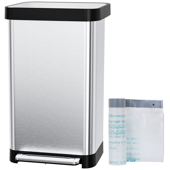 TLSUNNY 13.2 Gal Stainless Steel Trash Can, with 15 Trash Bags & Odor Control, Step-on Pedal Bin with Soft-Close Lid, No Inner Bucket, for Kitchen/Office