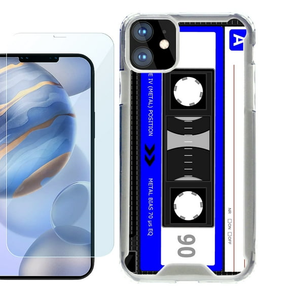 For Apple iPhone 12 Case, iPhone 12 Pro Case, Hybrid Bumper Phone case, with Tempered Glass Screen Protector, by OneToughShield ® - Cassette Blue
